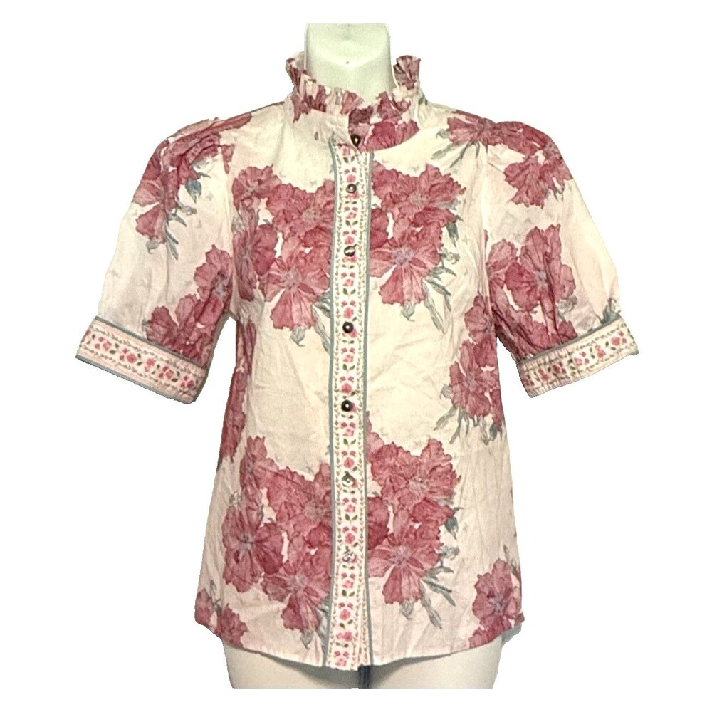 NWT Entro Courtyard Charm Floral Blouse Sz S Ruffle Neckline Puff Sleeve